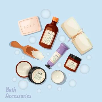 Bath accessories banner vector illustration. Realistic plastic containers Stock Illustration