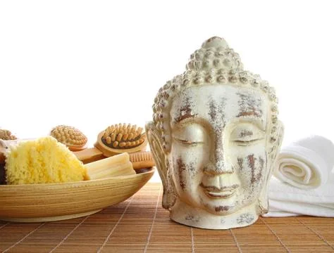 Bath accessories with buddha statue Stock Photos