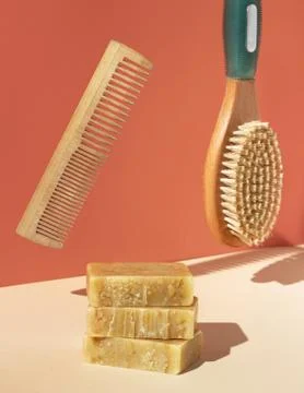Bath accessories levitating in the air. Creative hygiene concept. Stock Photos