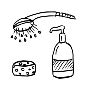 Bath accessories set. Washcloth, soaps doodle illustration Stock Illustration