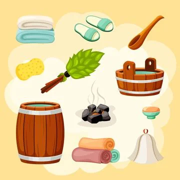 Bath and sauna accessories set. Wooden brown wellness ladle with bucket and Stock-Illustration