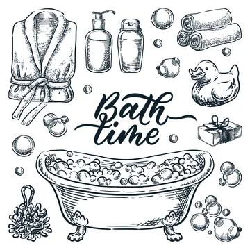 Bath and shower isolated design elements. Vector hand drawn sketch illustrati Stock Illustration