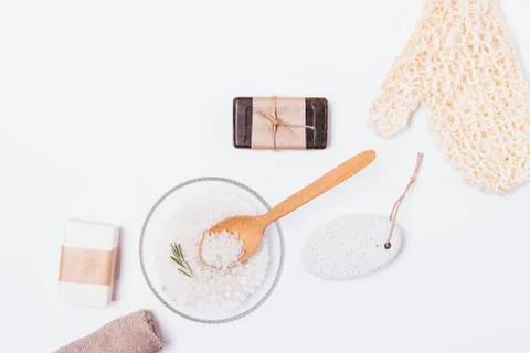 Bath background of cosmetics and accessories Stock Photos