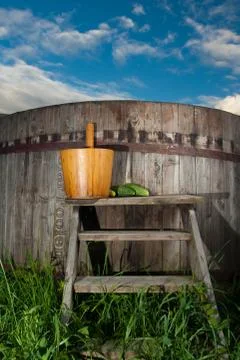 Bath Barrel with broom Stock-Fotos