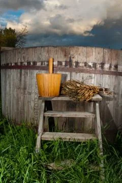 Bath Barrel with broom Stock Photos
