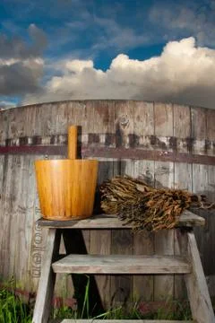 Bath Barrel with broom Stock Photos