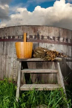 Bath Barrel with broom Foto stock