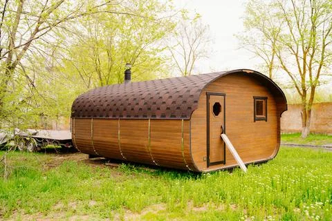 Bath-barrel is a compact and lightweight building that can be moved Stock Photos