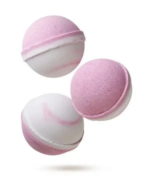 Bath bombs flying on a white background. Isolated Stock Photos