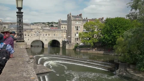 Bath City Centre Pulteney bridge on the river Avon Stock Footage 221420436