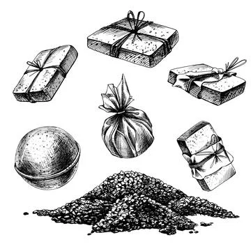 Bath cosmetics, spa craft handmade soap, packaged bath bombs, sea salt. Graphic Stock Illustration