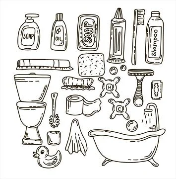 Bath doodle vector illustration. Hand draw set of home bathroom hygiene Stock Illustration