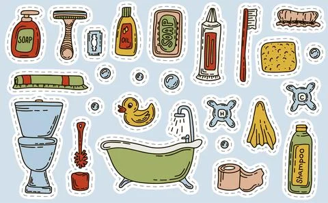 Bath doodle vector illustration. Hand draw set of home bathroom hygiene Stock Illustration