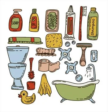 Bath doodle vector illustration. Hand draw set of home bathroom hygiene Stock Illustration