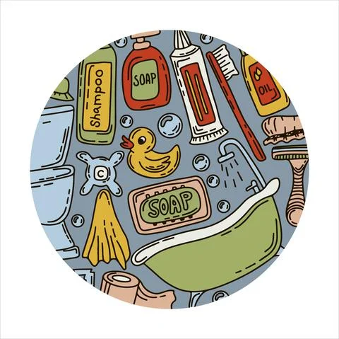 Bath doodle vector illustration. Hand draw banners of home bathroom hygiene Stock Illustration