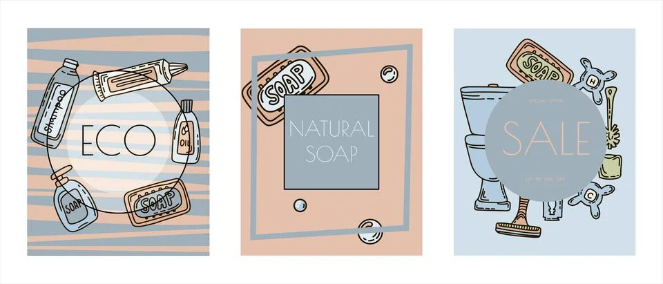Bath doodle vector illustration. Hand draw banners of home bathroom hygiene Stock Illustration