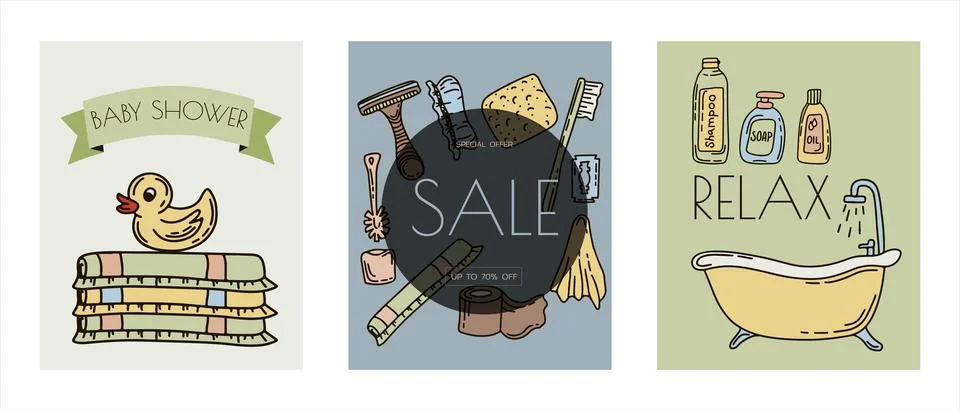 Bath doodle vector illustration. Hand draw banners of home bathroom hygiene Stock Illustration