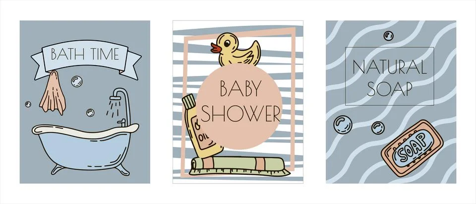 Bath doodle vector illustration. Hand draw banners of home bathroom hygiene Stock Illustration