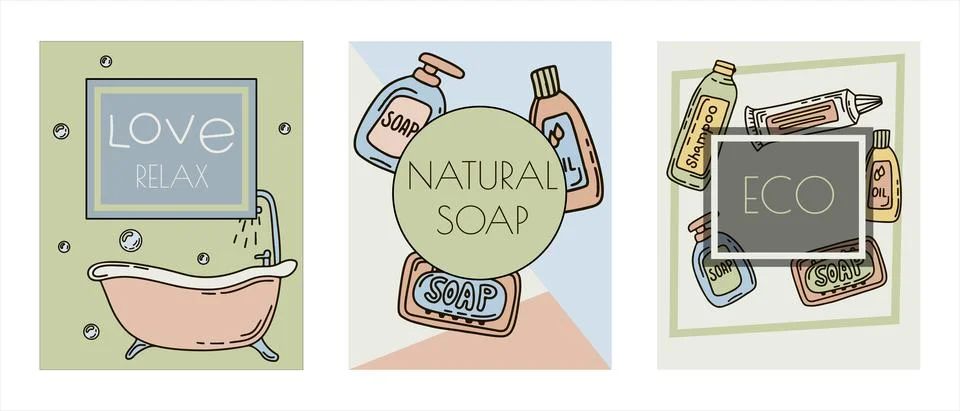 Bath doodle vector illustration. Hand draw banners of home bathroom hygiene Stock Illustration