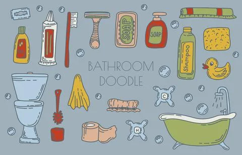 Bath doodle vector illustration. Hand draw set of home bathroom hygiene Stock Illustration