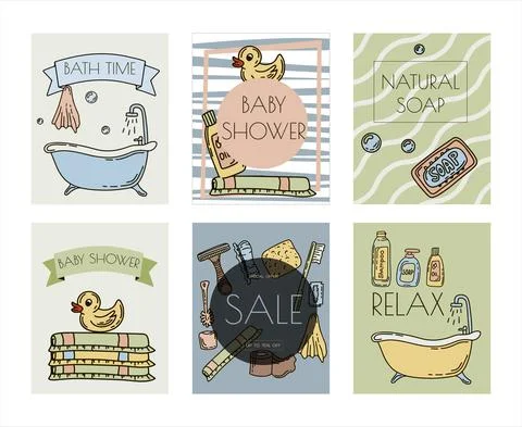 Bath doodle vector illustration. Hand draw banners of home bathroom hygiene Stock Illustration