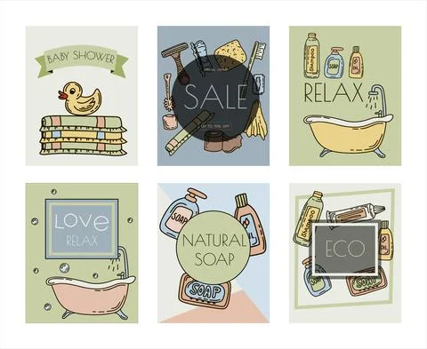 Bath doodle vector illustration. Hand draw banners of home bathroom hygiene Stock Illustration
