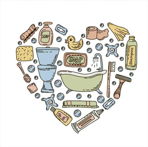Bath doodle vector illustration. Hand draw set of home bathroom hygiene Stock Illustration