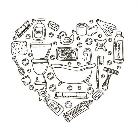 Bath doodle vector illustration. Hand draw set of home bathroom hygiene Stock Illustration