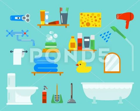 Bath equipment icons shower flat style colorful clip art illustration for Stock Illustration