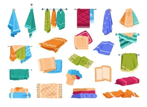 Bath fabric towels. Kitchen or hands hanging on rail or rings towels. Vector Illustrazione stock