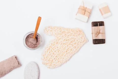 Bath flat lay background with jar of scrub Stock Photos