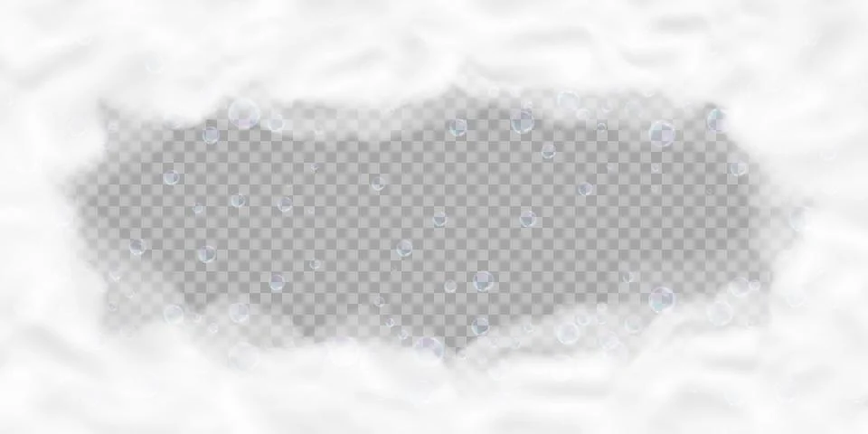 Bath foam frame with bubbles isolated on transparent background. Realistic soap Stock Illustration