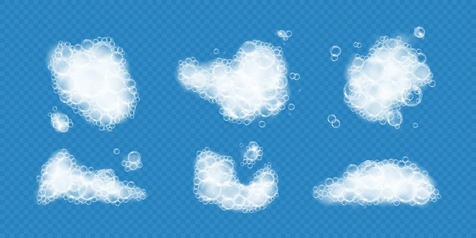 Bath foam with soap bubbles isolated on transparent background. Realistic soap Stock Illustration