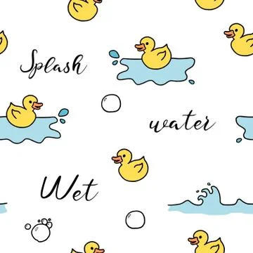 Bath fun background - seamless pattern with doodle rubber toy ducks. Illustrazione stock