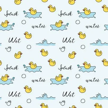 Bath fun background - seamless pattern with doodle rubber toy ducks. Illustrazione stock