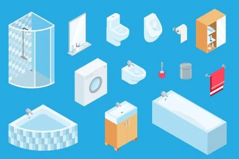 Bath furniture, vector isometric constructor of sanitary engineering, bathroom Stockillustratie