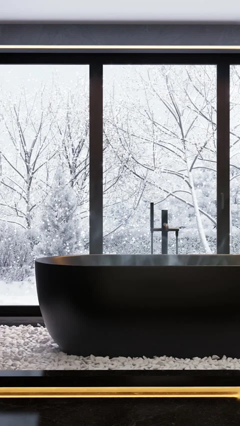 Bath with hot water against the background of a window. 3D rendering Stock Footage 293336620