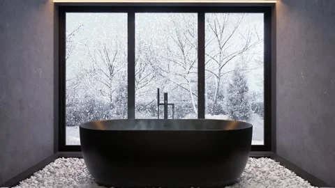 Bath with hot water against the background of a window. 3D rendering Stock Footage 293336621