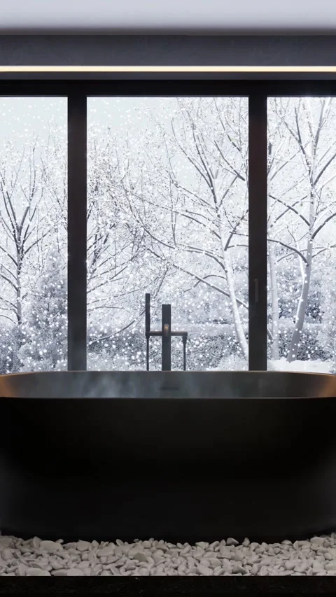 Bath with hot water against the background of a window. 3D rendering Stock Footage 293336626