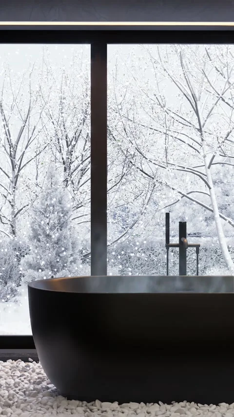 Bath with hot water against the background of a window. 3D rendering Stock Footage 293336628