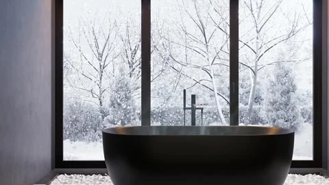 Bath with hot water against the background of a window. 3D rendering Stock Footage 293336636