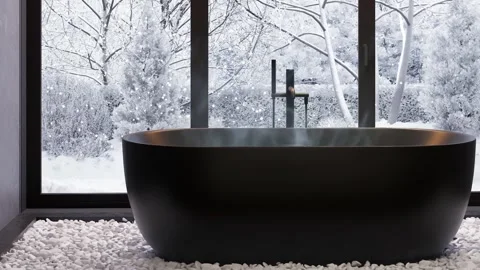 Bath with hot water against the background of a window. 3D rendering Stock Footage 293337291