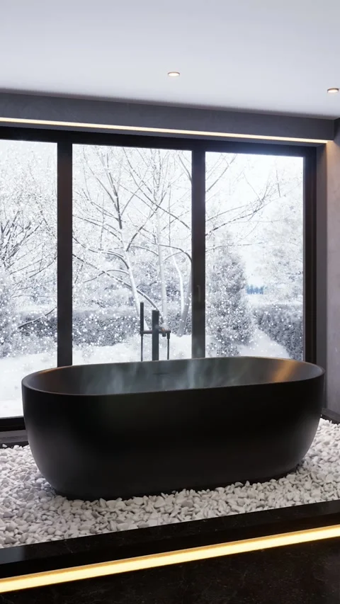 Bath with hot water against the background of a window. 3D rendering Stock Footage 293337314