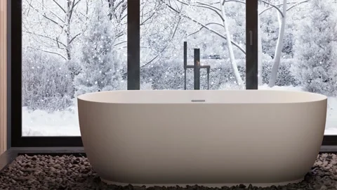 Bath with hot water against the background of a window. 3D rendering Stock Footage 293338242