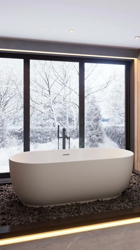 Bath with hot water against the background of a window. 3D rendering Stock Footage 293338246