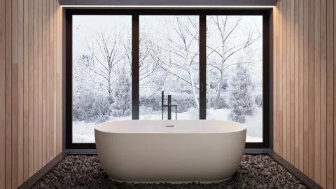 Bath with hot water against the background of a window. 3D rendering Stock Footage 293338250