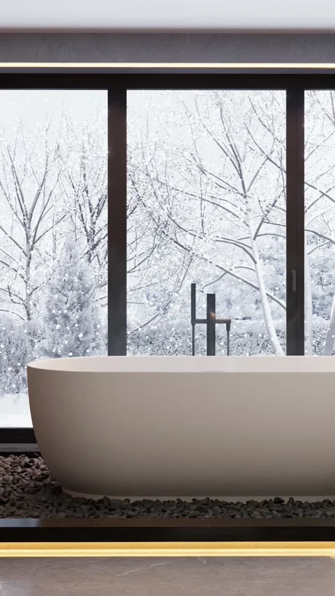 Bath with hot water against the background of a window. 3D rendering Stock Footage 293338255