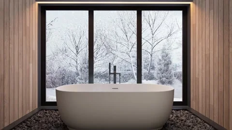 Bath with hot water against the background of a window. 3D rendering Stock Footage 293338276