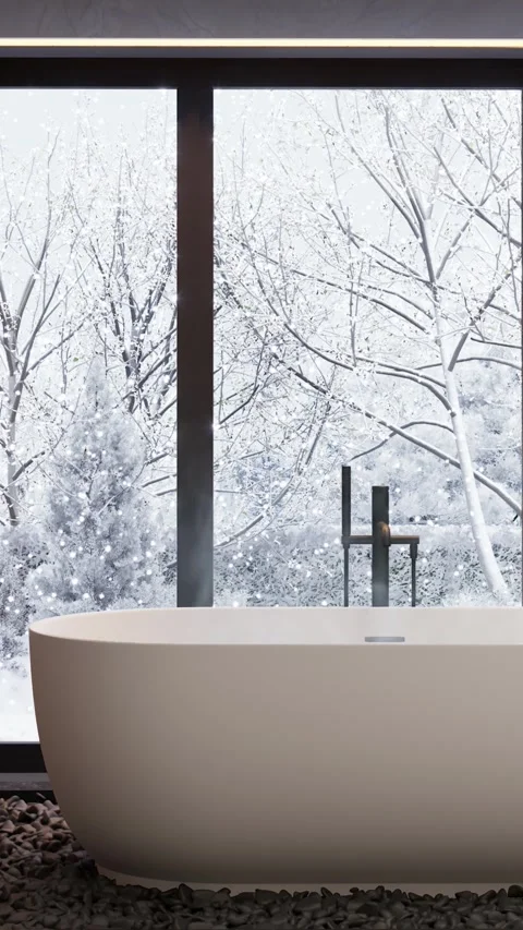 Bath with hot water against the background of a window. 3D rendering Stock Footage 293339631