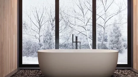 Bath with hot water against the background of a window. 3D rendering Stock Footage 293339688